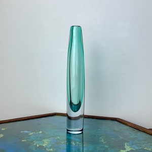 Vintage Strombergshyttan Clear and Aqua Blue Swedish Sputnik Bud Vase with Original Sticker 8.25&quot; Asta Stromberg B895 Mid Century Sommerso