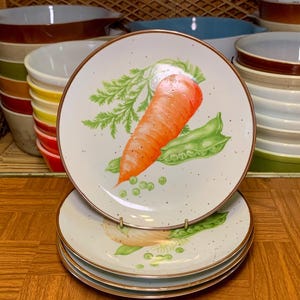 Set of Four Vintage Speckled Stoneware 7.5&quot; Vegetable Motif Salad or Dessert Plates | Otagiri Style Cottagecore Retro Kitchen 1970s 1980s