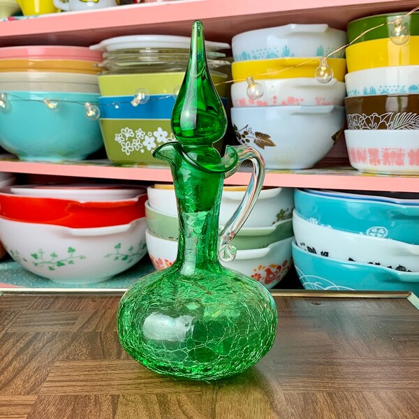 Vintage Green Crackle Glass Decanter with Clear Handle and Original Stopper Made by Kanawha | MCM Mid Century Modern Blenko Style Decor