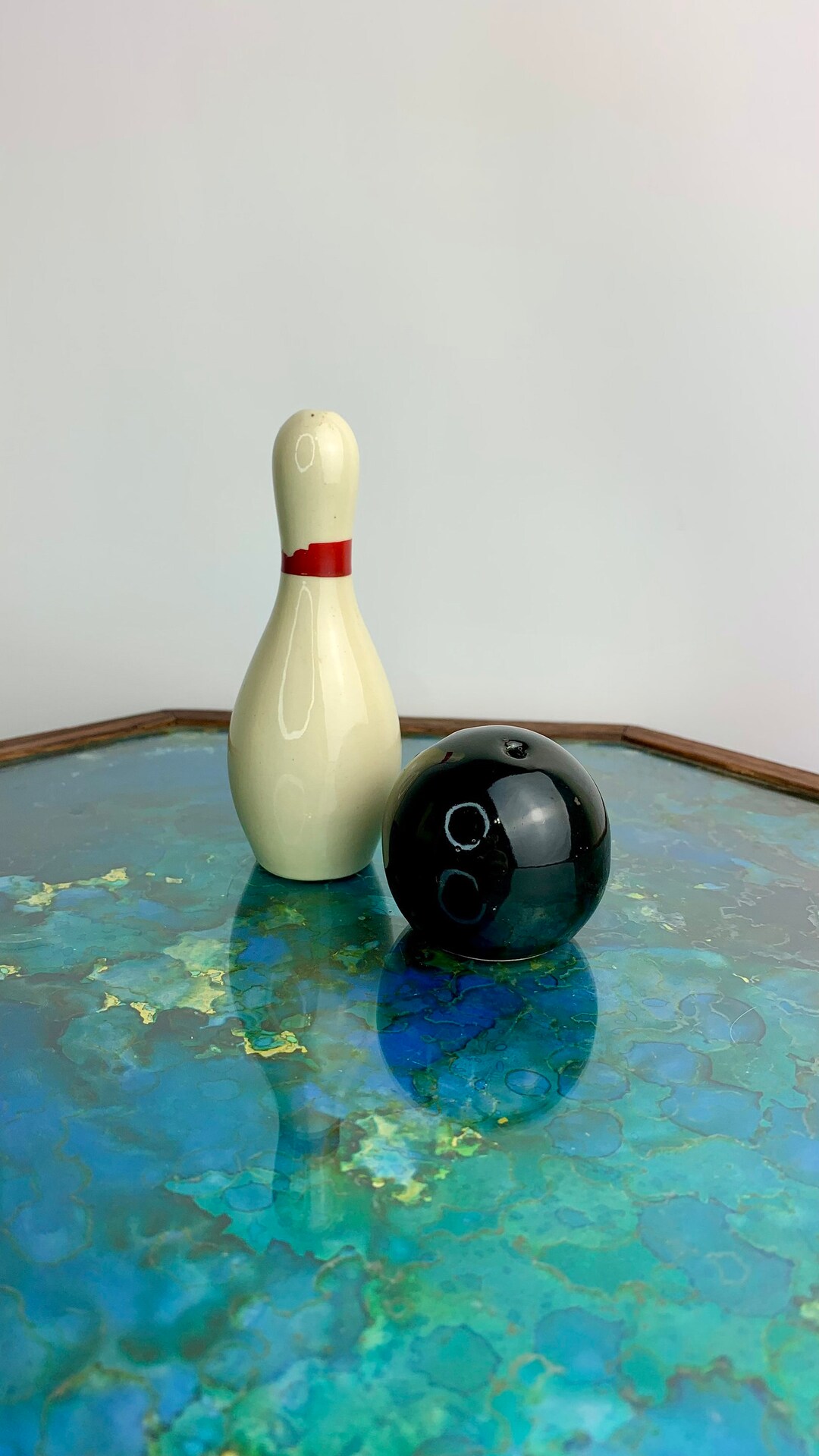 Vintage Bowling Ball and Bowling Pin Ceramic Salt and Pepper Shakers