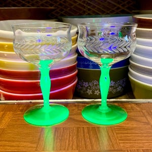 Pair of Vintage Etched Champagne Glasses with Clear Bowl and Green Uranium Glass Stems | 1920s 1930s Depression Coupe Glows Under Blacklight