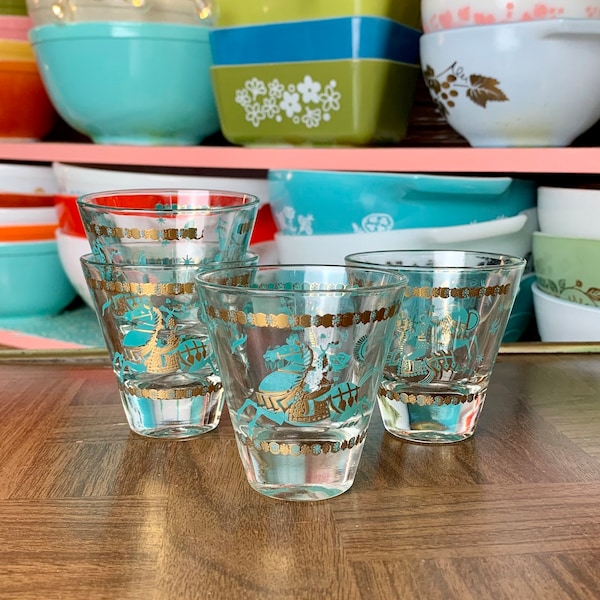 Set of Four Gold and Turquoise Trojan Horse Pattern Shot Glasses | Unique MCM Mid Century 1960s Barware Retro Bar Fred Press?
