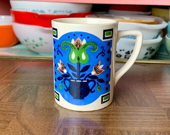 Vintage Napcoware Ceramic Coffee Mug with Blue Green and Black Abstract Floral in Planter Pattern| Cute Retro Tea Mugs C-7337
