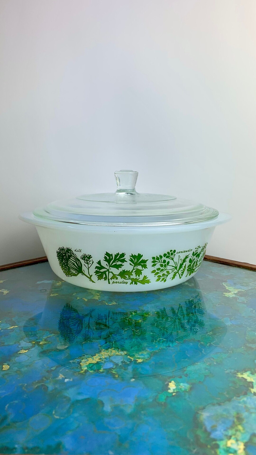 Vintage Glasbake Milk Glass Green Herbs Pattern 8 2 Quart Round