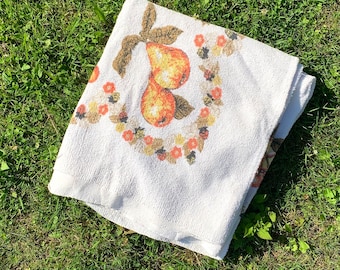 Vintage White Terry Cloth Tablecloth with Orange Yellow and Brown Fruit and Floral Pattern 54" x 64" | Retro Mid Century Kitchen MCM Kitschy