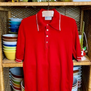 Cute Vintage Kmart Ban-Lon Red Collared Polo Shirt with White Trim Size Medium | 100% Nylon Retro Casual 1960s 1970s Preppy