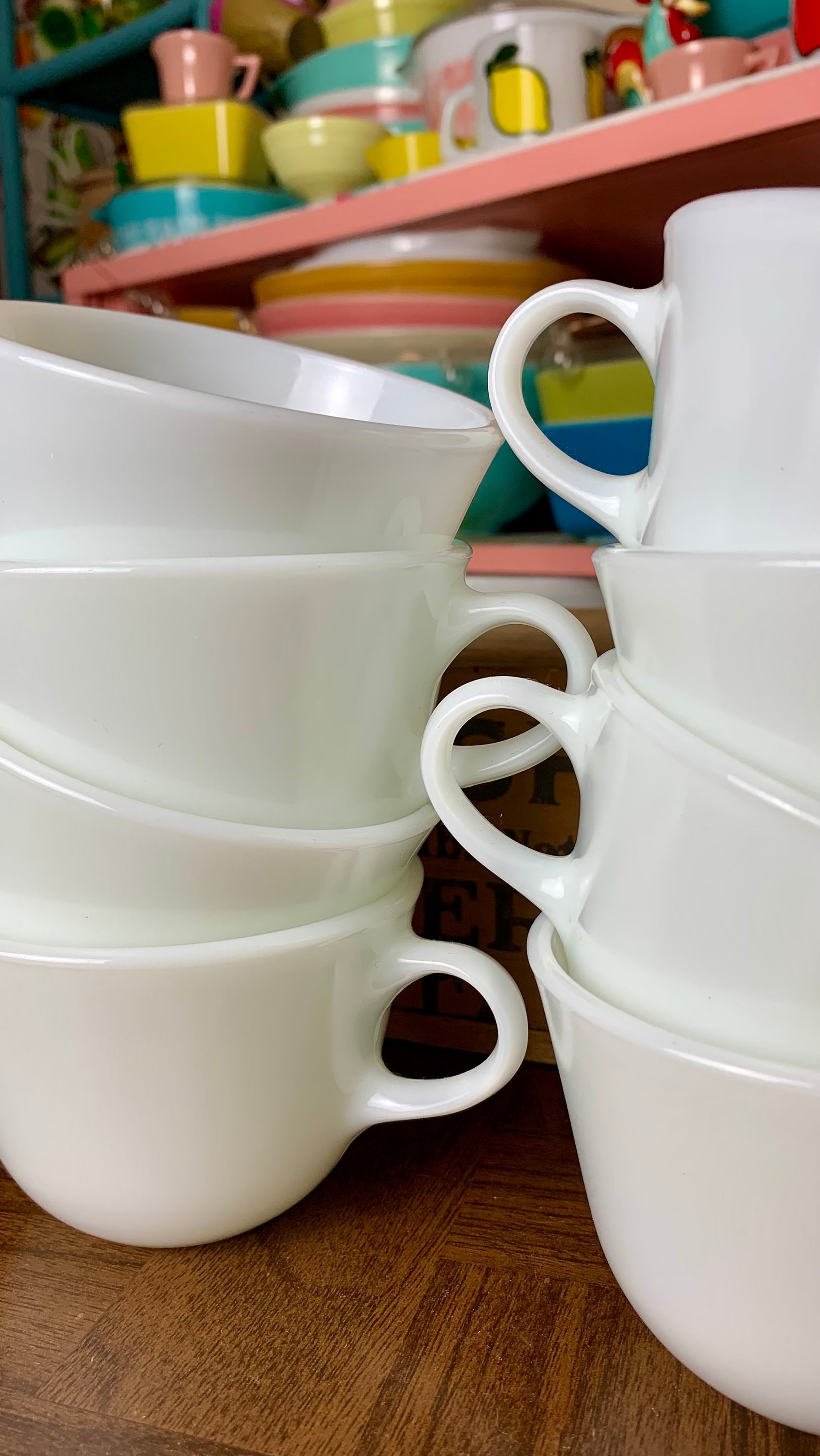 Set of 8 Vintage Plain White Milk Glass Pyrex Coffee Mugs | Retro
