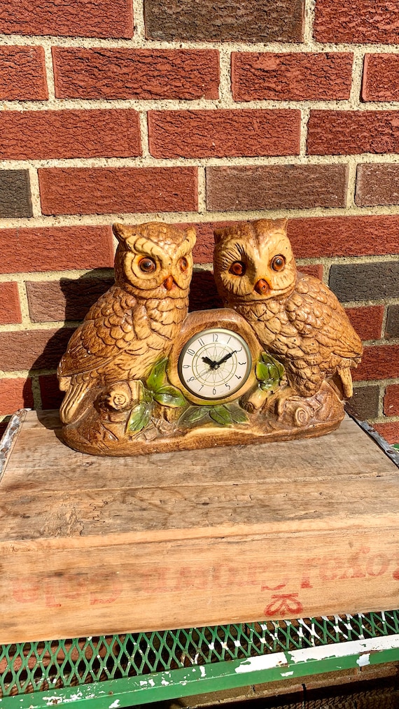 Vintage Heavy Chalkware Pair of Owls Clock Movement Made by