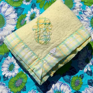 Adorable Vintage Quiltex Baby Blanket Yellow with Plaid Trim and Embroidered Squirrel Applique | ILGWU 1970s 1980s Baby Shower