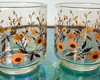 Vintage Brown and Orange Floral Libbey Juice Glasses Set of Two 70s Boho MCM