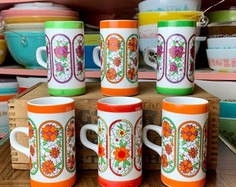 Set of 6 Vintage Ceramic Faux Stained Glass Pattern Demitasse Cups with Handles | Espresso Mugs Cute Retro Kitchen