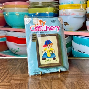 Vintage Jiffy Stitchery Butch Crewel Embroidery Kit Little Boy With Frog Fits 5&quot; x 7&quot; Frame New in Package 610 | 1970s Craft Kits