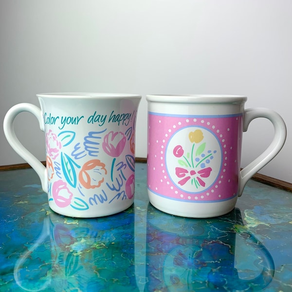 Vintage 1980's Hallmark Cute Floral Ceramic Coffee Mugs Made in Japan Set of Two Retro Pastel Flower Cottagecore Kitchen