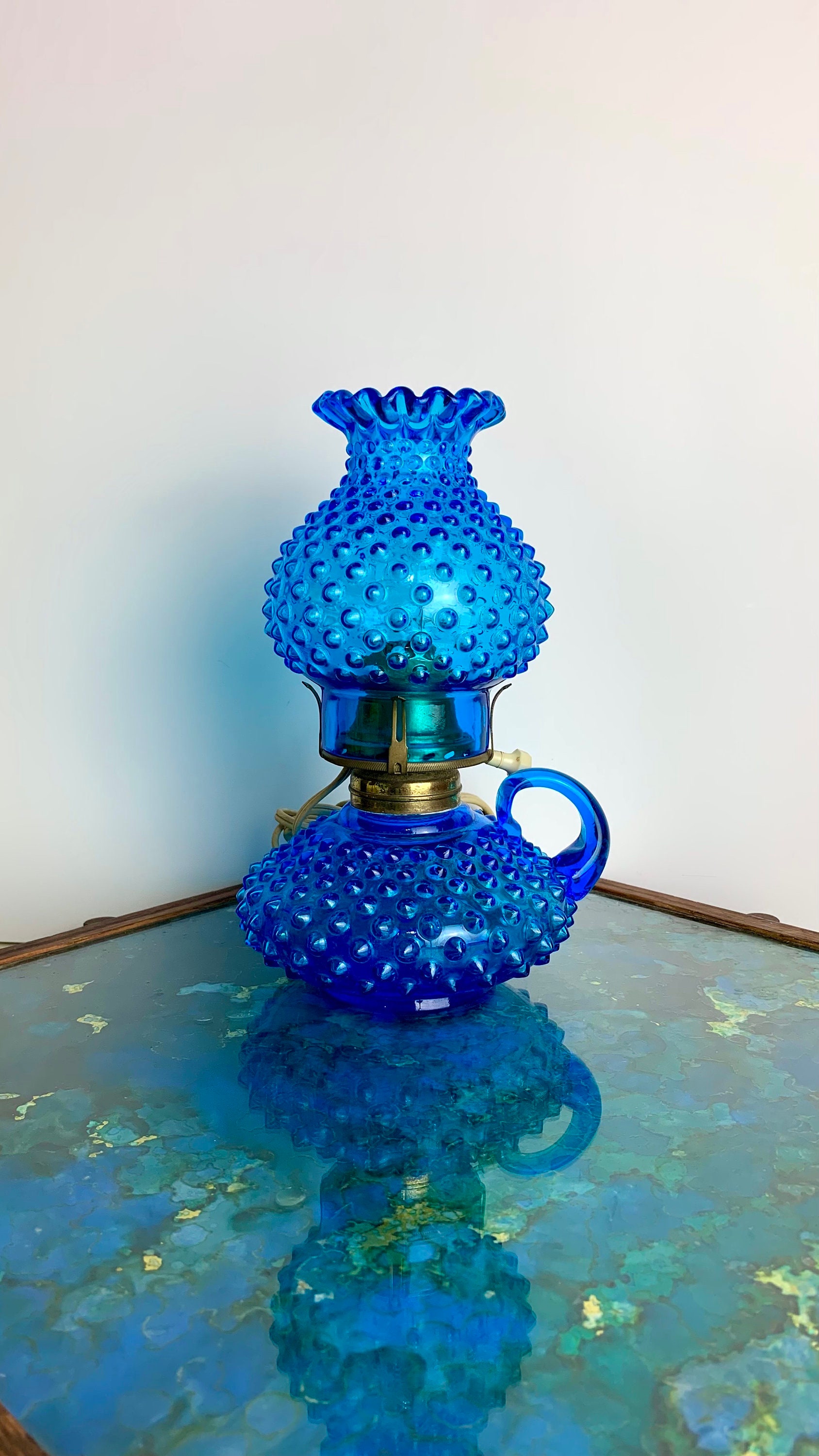 Vintage Fenton Colonial Blue Hobnail and Ruffle Electric Oil Lamp