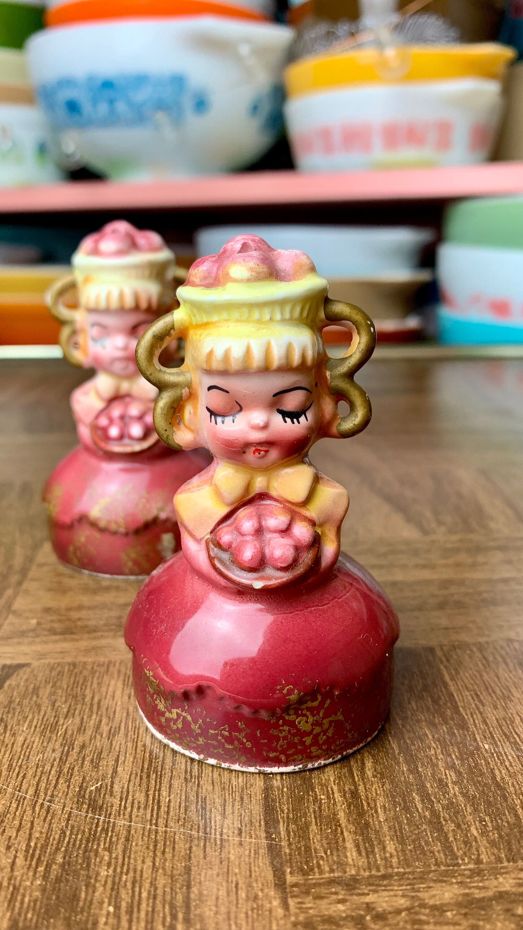 ヴィンテージ　1950s 日本製　陶器　レッドサタン　デビル　ソルト&ペッパー Pair of Vintage Enesco Sweet Shoppe Apple Pie Girl Ceramic Salt