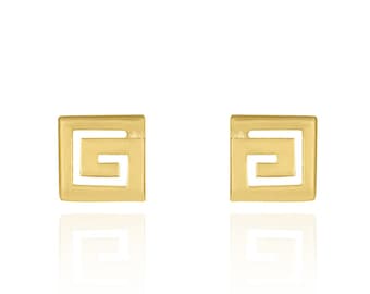 Gold Greek Key Middle Size Square Earrings, 14K Gold, Meander Symbol, Ancient Greek, Infinity, Stud Earrings, Push Back Lock, Gift for Her