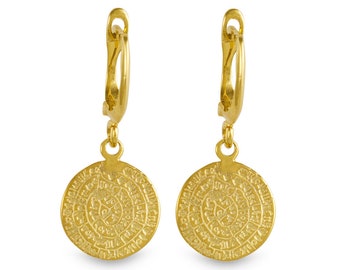 14k gold dangle phaistos disc (disk)earrings ,minoan earrings, ancient greek gold earrings, phaestos earrings, greek cretan symbols