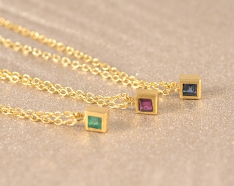 14k Gold Princess Cut Square Necklace, Ruby, Emerald, Sapphire Necklace, Delicate Necklace, Minimal Necklace, Layered Necklace, Gift for Her