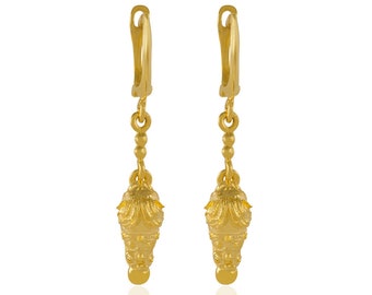Gold Dangle & Drop Lion Earrings, 14k Gold, Handmade Earrings, Ancient Style, Ancient Greek Earrings, Symbol of Power, Gift for Her