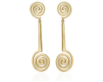 14K Gold Spiral Dangling Earrings, 585, Ancient Greece, Infinity, Earth Energy, Anniversary present, Geometric, Spiral, Classic,Gift for Her