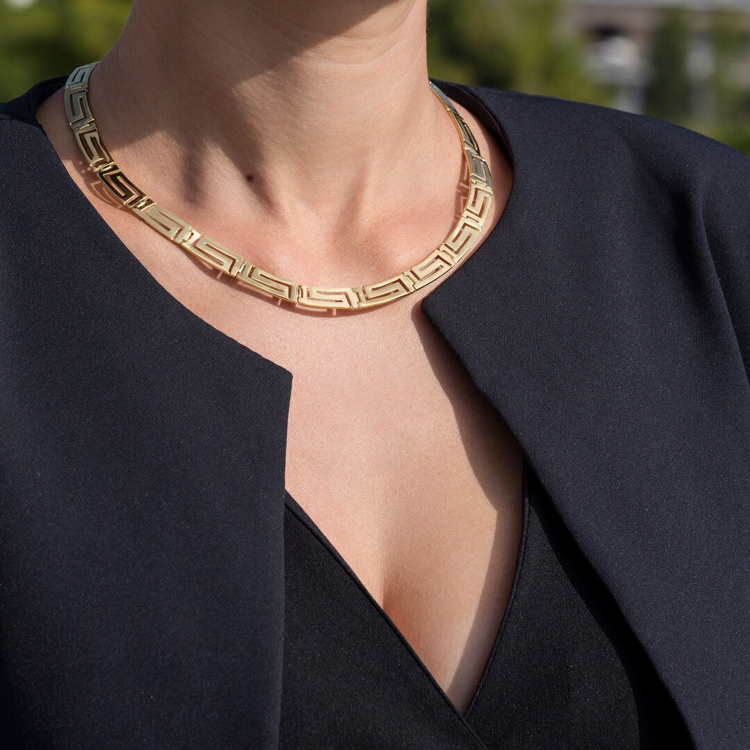 Gold Greek Key Link Necklace 14K Gold Handmade Necklace Ancient Greece Classic Infinity Anniversary Present Gift for Her Geometric Etsy