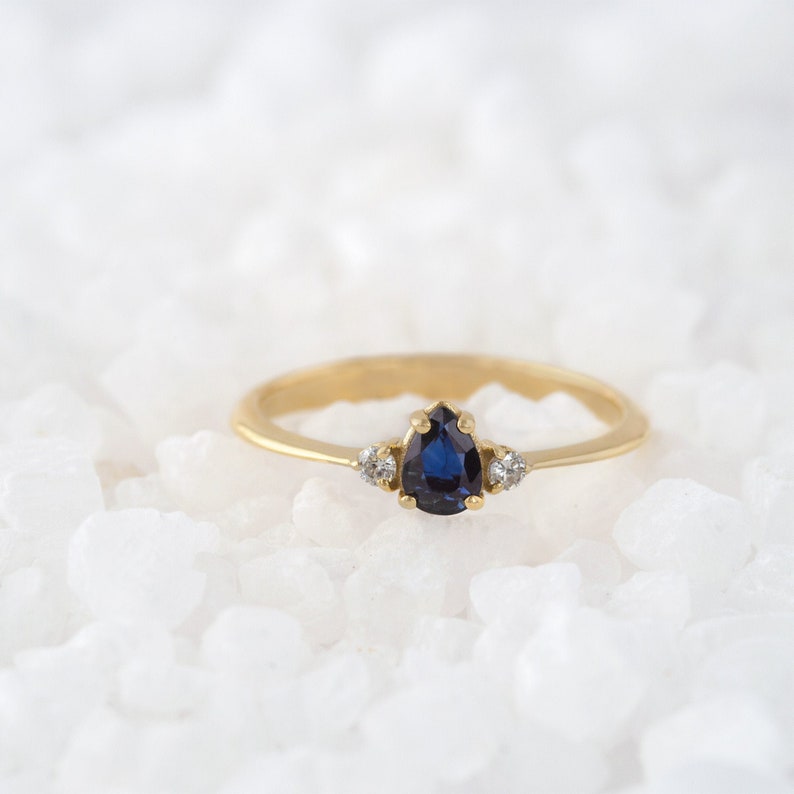 Gold Sapphire & Diamond Ring, 14k Gold, Sapphire and Diamond Ring, Little Precious Earrings, Solitaire Ring, Gift for Her, Engagement Ring image 1