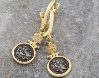 Coin earrings,14K Gold earrings with silver 925 oxidised coins ,Alexander the Great,Ancient Greece, handmade, Hercules,Greece earrings