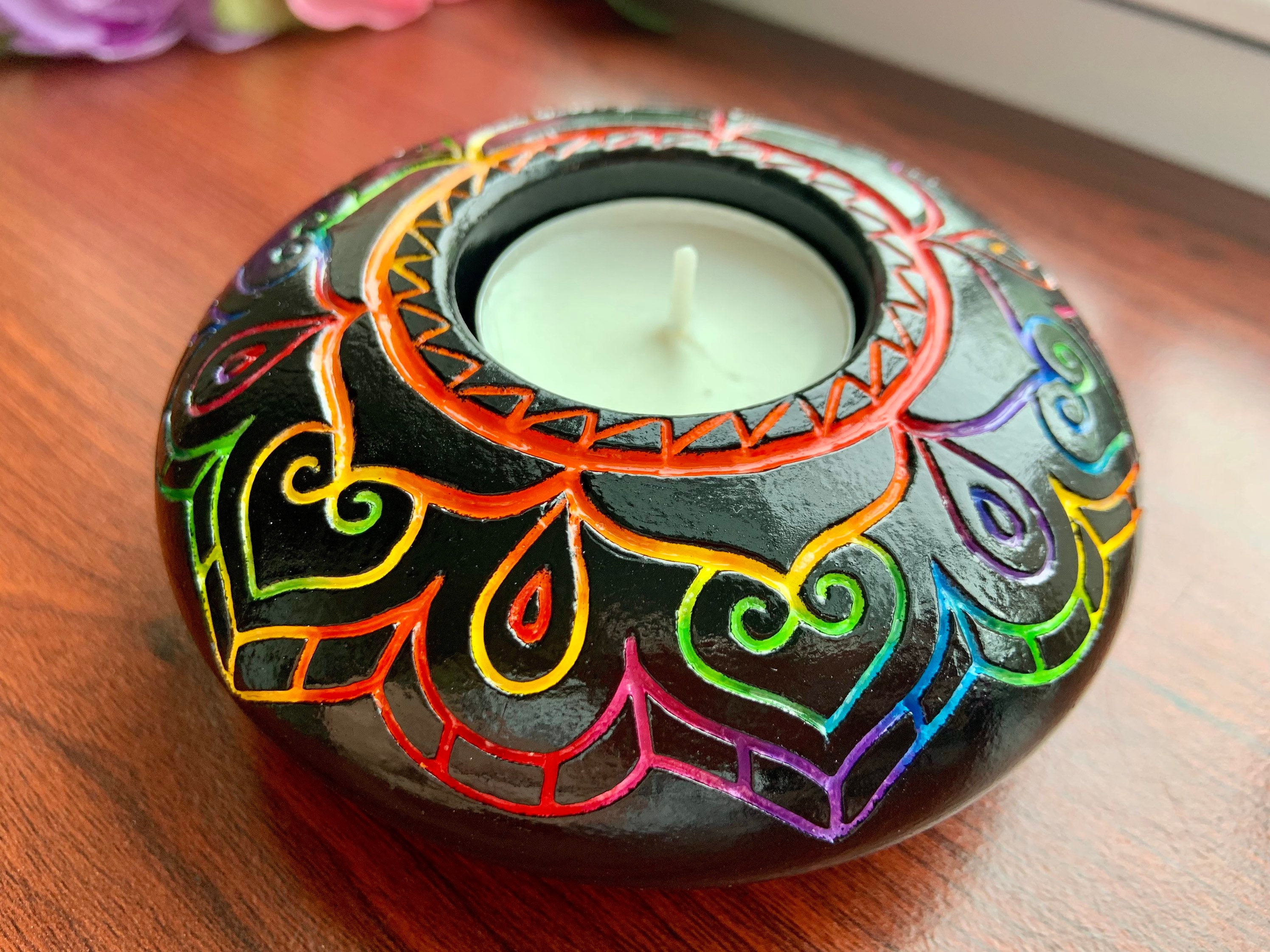 Hand Carved & Painted Tea Light Holder Etsy UK