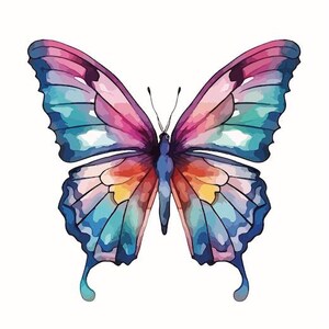 May include: A watercolor illustration of a butterfly with open wings. The butterfly features a vibrant color palette, including shades of pink, blue, orange, and yellow. The wings have a detailed, segmented design, and the body is a deep blue.