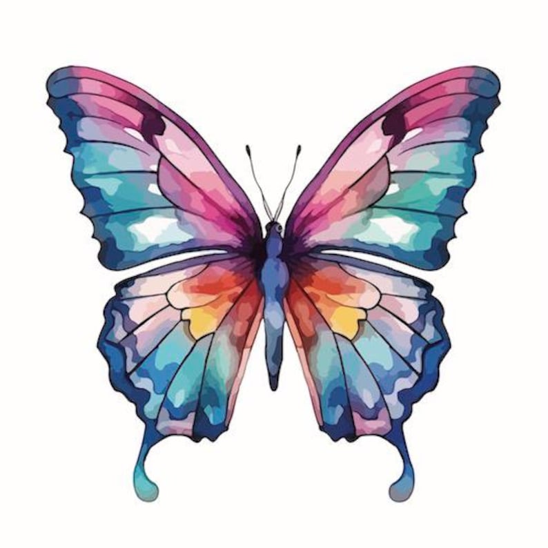 May include: A watercolor illustration of a butterfly with open wings. The butterfly features a vibrant color palette, including shades of pink, blue, orange, and yellow. The wings have a detailed, segmented design, and the body is a deep blue.
