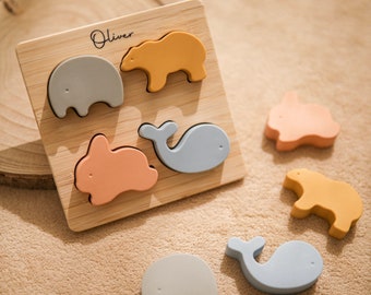 Personalized Silicone Animal Jigsaw Puzzle, Preschool Educational Montessori Toy, Silicone Toy, Animal Puzzle, Eco Toy, Baby Puzzle,  Gift