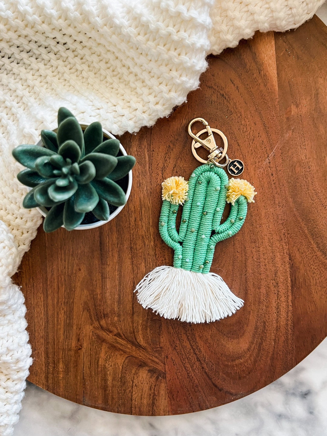 Personalized Macrame Cactus Keychain, Boho Keychain, Cactus Tassel Keychain, Cactus Keyfob
