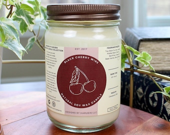 Black Cherry Wine Soy Candle - Hand Poured, 12oz