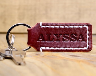 Personalized Burgundy Leather Keychain | Anniversary Gift