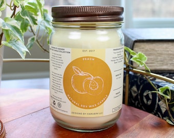 Peach Soy Candle: 12oz Hand Poured Natural Scent