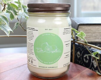 Citrus Tea Scented Soy Candle - Hand Poured, 12oz