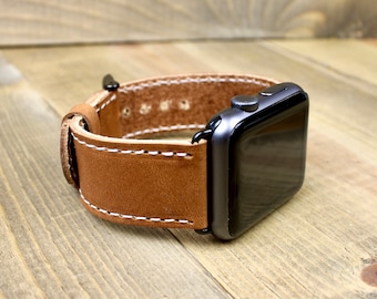 Handcrafted Leather apple Watch Band: Traditional Stitch, USA Made