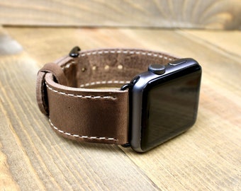 Handmade horween Leather apple Watch Band with Traditional Stitch