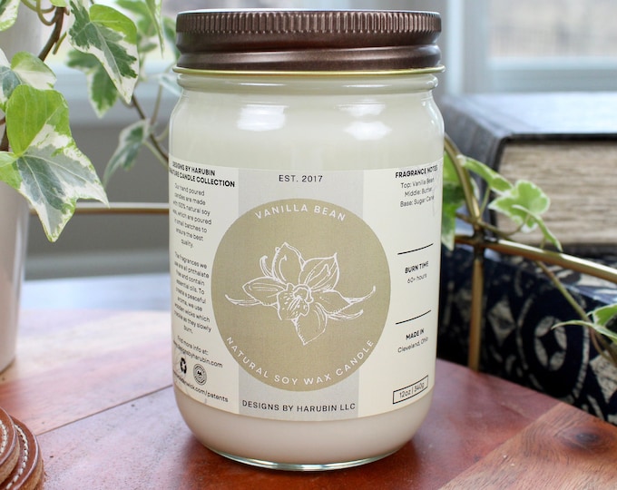Vanilla Bean Soy Candle | 12oz Candle | Hand Poured Soy Candle | 100% Natural Soy Wax Candle