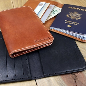 Cartera y porta pasaporte de cuero / Hecha a mano con personalización gratuita / Accesorio de cuero / Regalo de cuero para hombre o mujer
