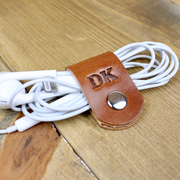 Leather Cord Wrap | Personalized w/ Initials | Headphone Holder | Cord Wrap/Cord Taco | Cord Organizer | Leather Cord Keeper | Gift for Him