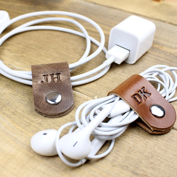 Leather Cord Organizer | Personalized w/Initials  | Headphone Holder | Cord Wrap/Cord Taco | Handcrafted | Leather Accessory | Leather Gift
