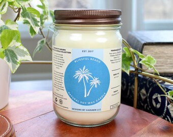 Blissful Beach Soy Candle: 12oz Hand Poured, Summer Scent