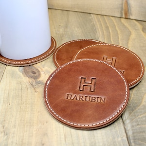 Personalized Leather Coaster Set, Custom Engraved 4/6/8 Pack, Company Logo Coasters, Handmade Gift for Wedding & Home