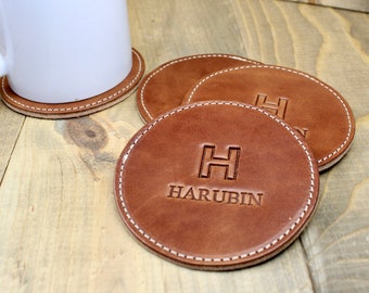 Leather Coaster Set Free Personalization | Handmade Coaster 4, 6, 8 pack | Company Logo | Leather Coaster Custom | Personalized Leather Gift