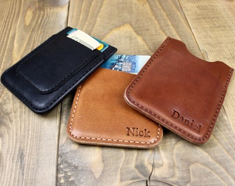 Funda de cuero para tarjetas con ranura para billetes / Personalizada / Billetera minimalista / Hecha a mano / Billetera con bolsillo frontal / Regalo de cuero