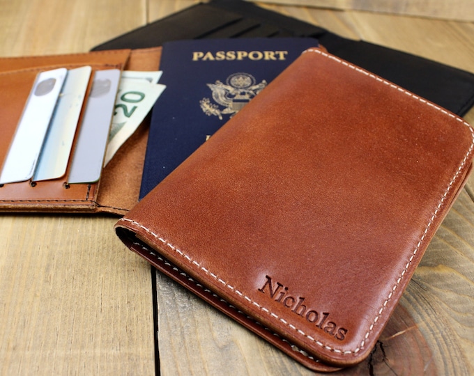 Leather Passport Holder and Wallet | Handcrafted in the USA | Free Personalization | Leather Accessory | Leather Gift for Men or Women