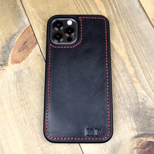 Handmade Black leather iPhone case with personalization. iPhone cases include: 12, 13, 14, and 15. Phone case for men or women.