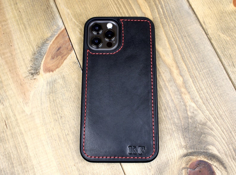 Handmade Black leather iPhone case with personalization. iPhone cases include: 12, 13, 14, and 15. Phone case for men or women.