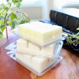 May include: Three clear plastic containers stacked on top of each other, each containing a white wax melt. The wax melts are divided into squares.